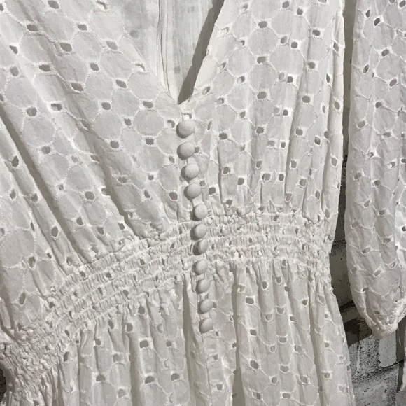 Taylor White Eyelet Half-Sleeve V-Neck Smocked A-Line Dress - Picture 4 of 6